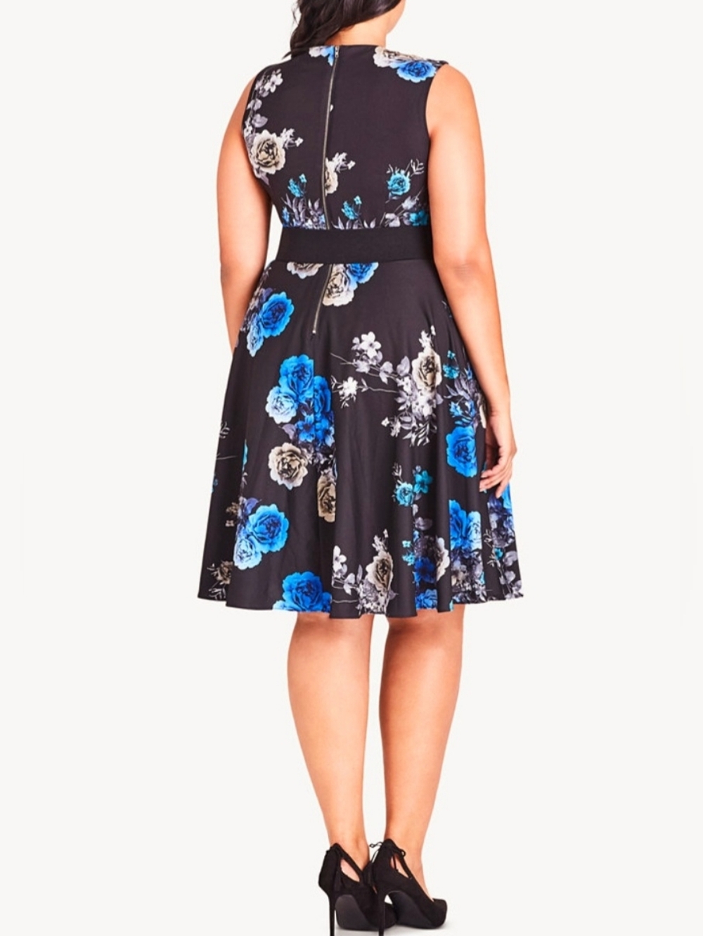 City Chic Black Floral Midi Dress with Blue & Cream Blooms - Picture 2 of 10